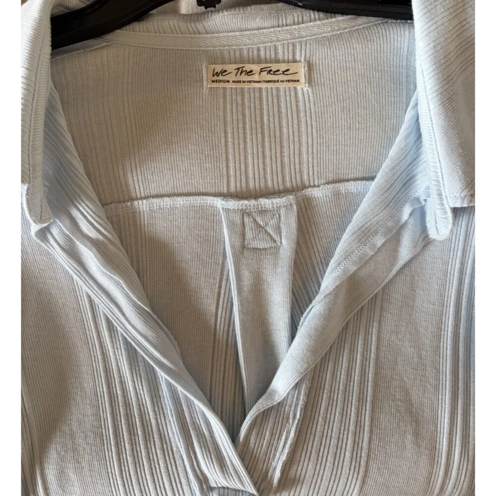 New Free People Annie Pullover Blouse top Ribbed Boho long sleeve sky blue M